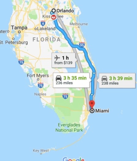 How far is Orlando to Miami Map